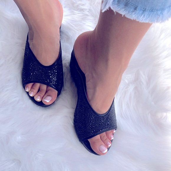 Italina Black Wedding Rhinestone Embellished Wedge Heeled Padded Slide Sandals - Picture 6 of 11